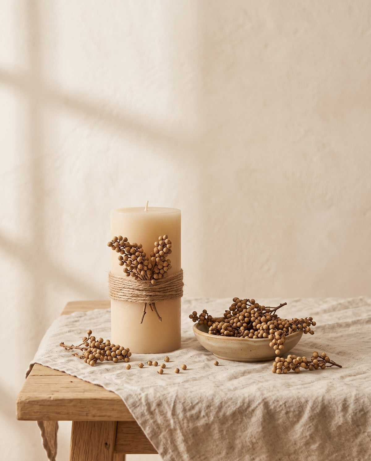 Ideia de utilização: bagas secas em cacho de cor natural a decorar. Velas e acessórios não incluídos.