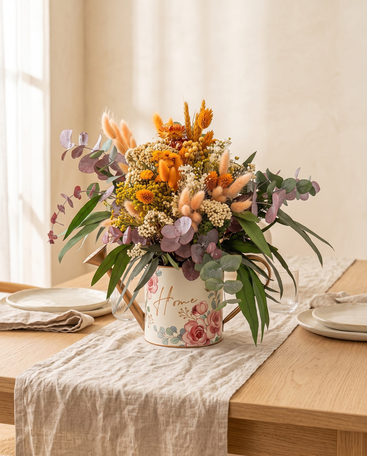 Centro de flores secas y preservadas en naranja y crema como centro en una mesa de comedor.