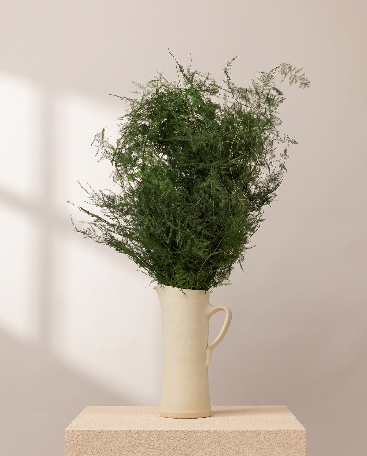 Espargueira preservada verde numa jarra de cerâmica creme, em ambiente decorado. Jarra não incluída.