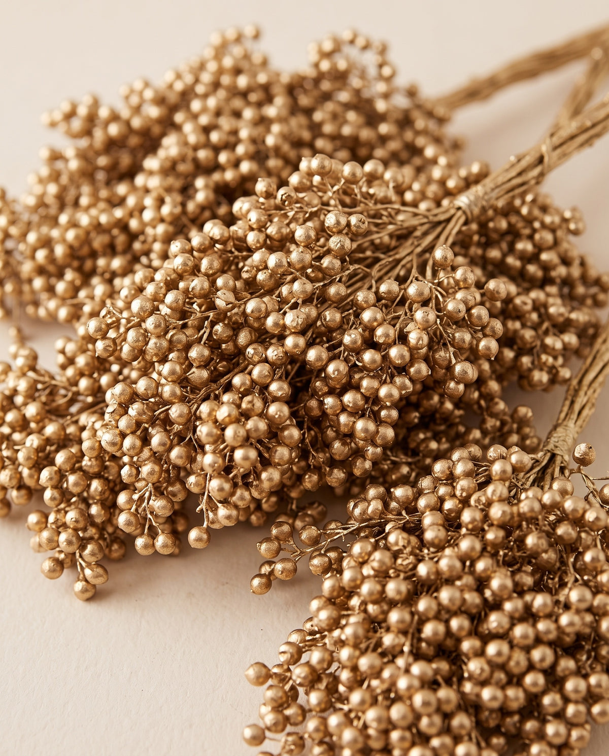 Detalle de cerca: falsa pimienta seca en oro.