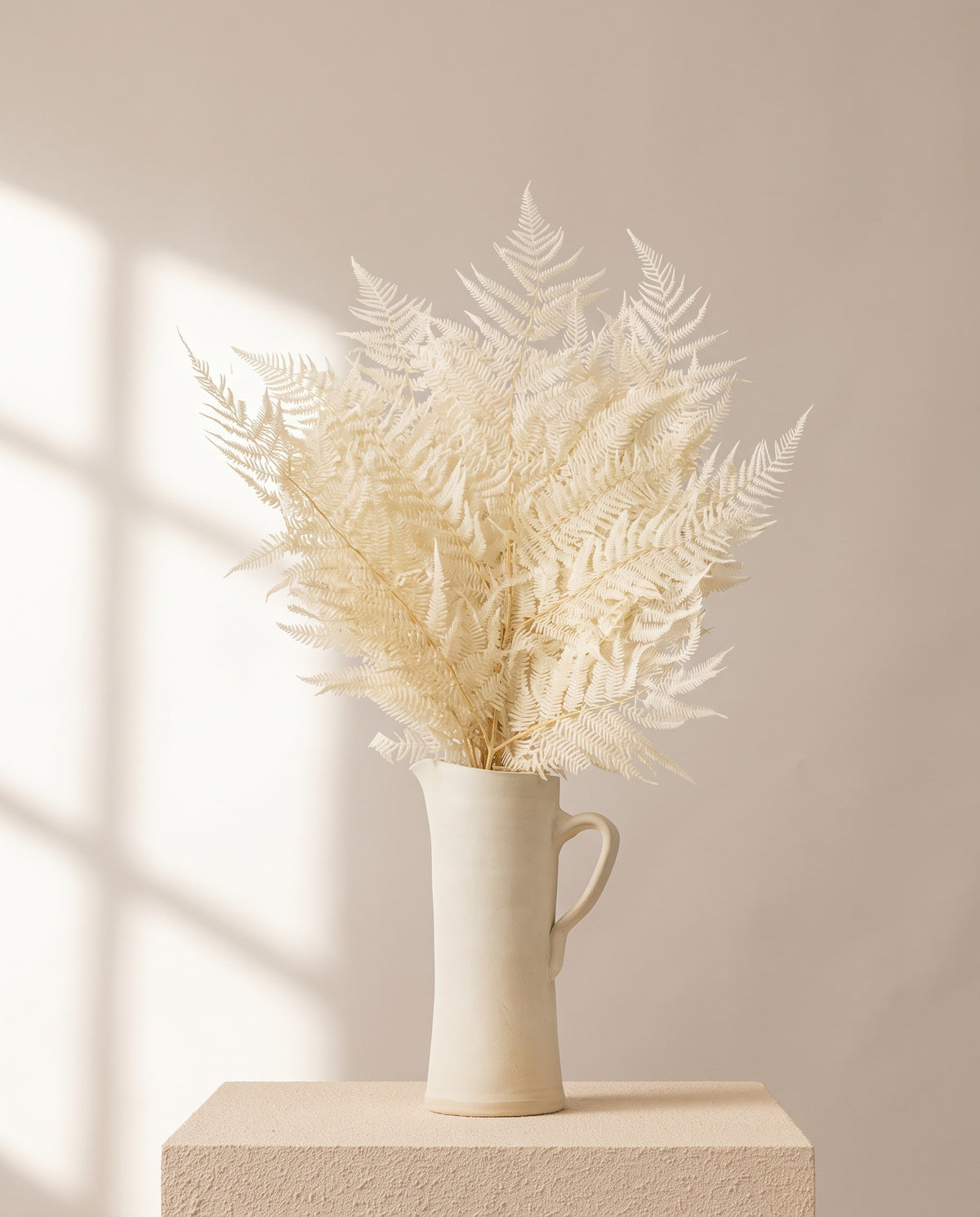 Feto felcioni preservado branco numa jarra de cerâmica creme, em ambiente decorado. Jarra não incluída.