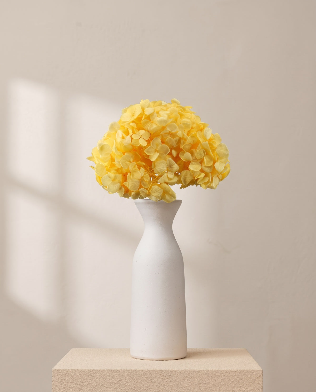 Hortensia preservada amarillo y naranja claro sobre un jarrón de cerámica blanca. Jarrón no incluido.