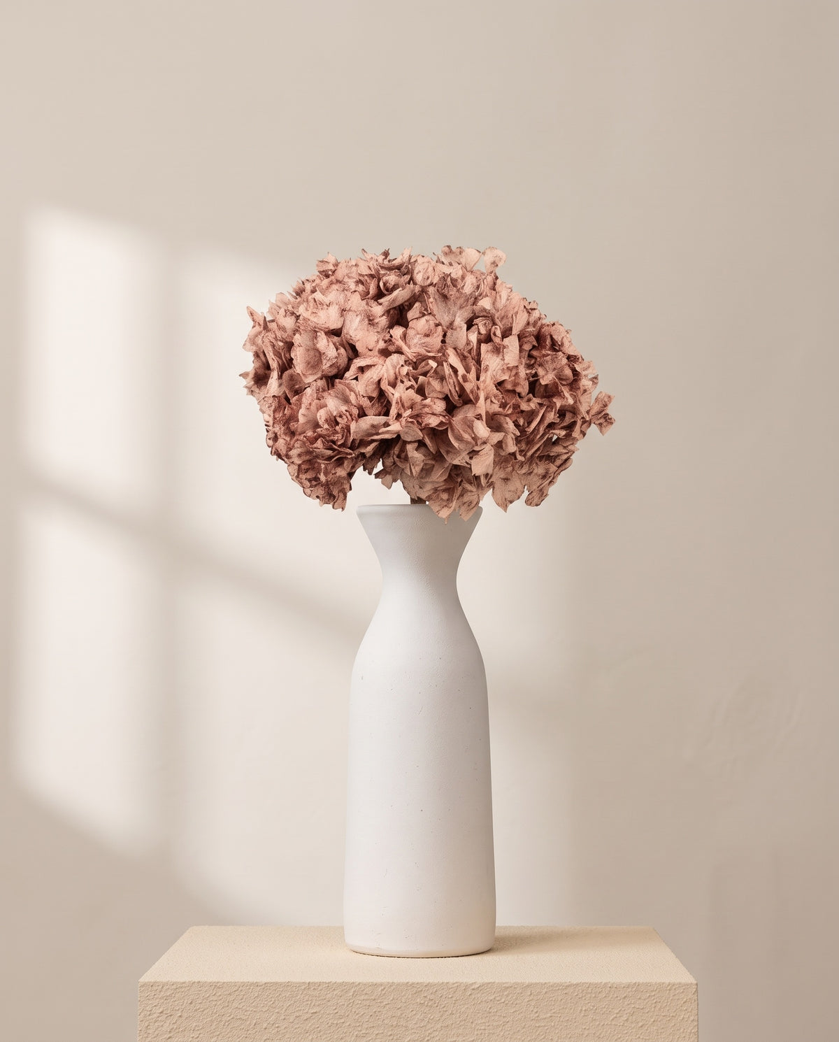 Hortensia preservada rosa sobre un jarrón de cerámica blanca. Jarrón no incluido.