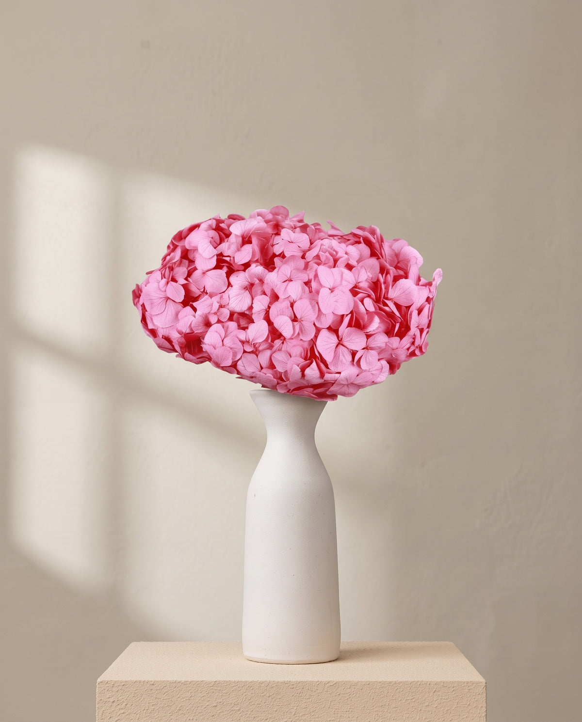 Hortensia preservada rosa caramelo sobre un jarrón de cerámica blanca. Jarrón no incluido.