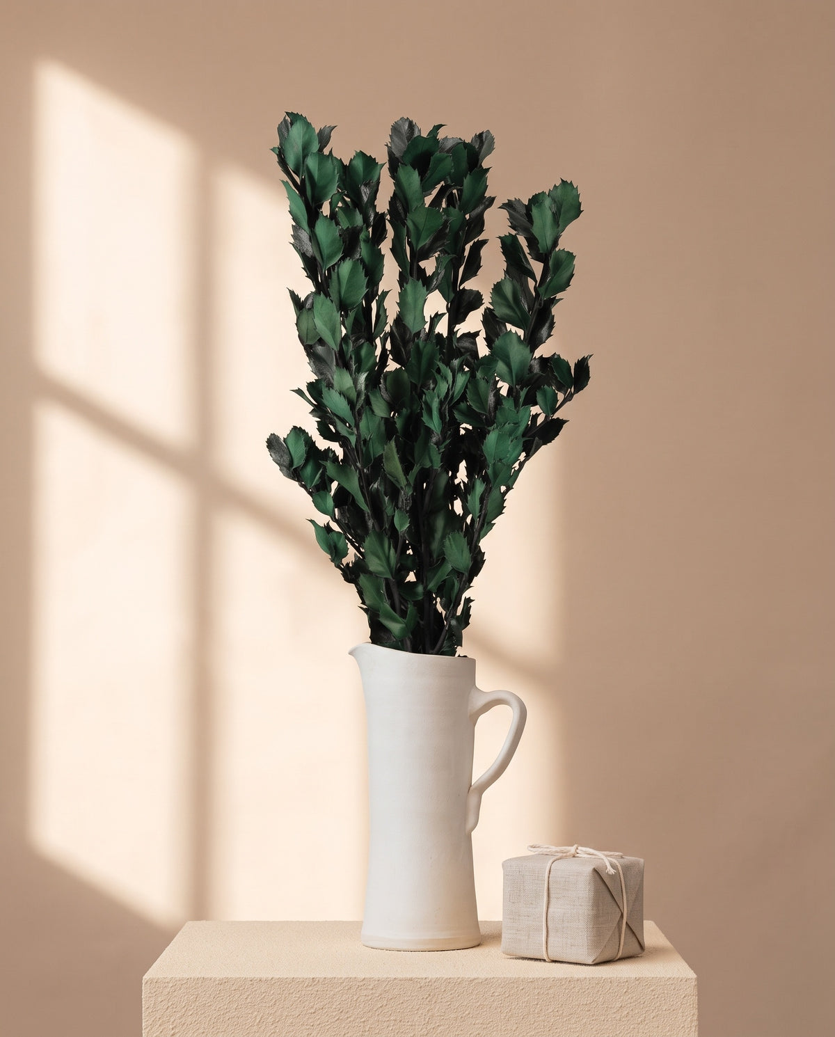Ilex preservado verde oscuro en una jarra de cerámica crema. Jarra no incluida; tampoco la caja regalo.