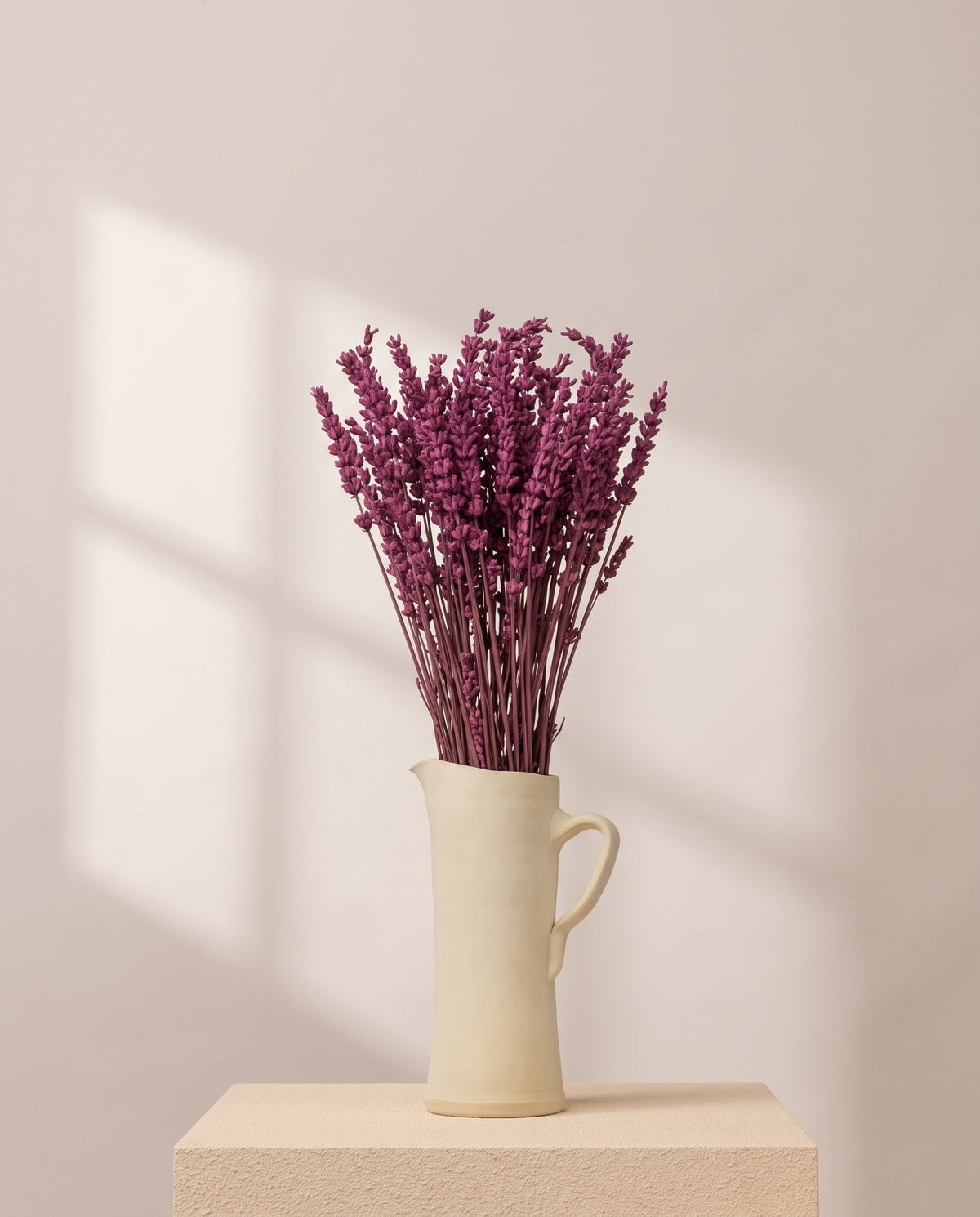 Lavanda preservada fucsia en una jarra de cerámica crema. Jarra no incluida.