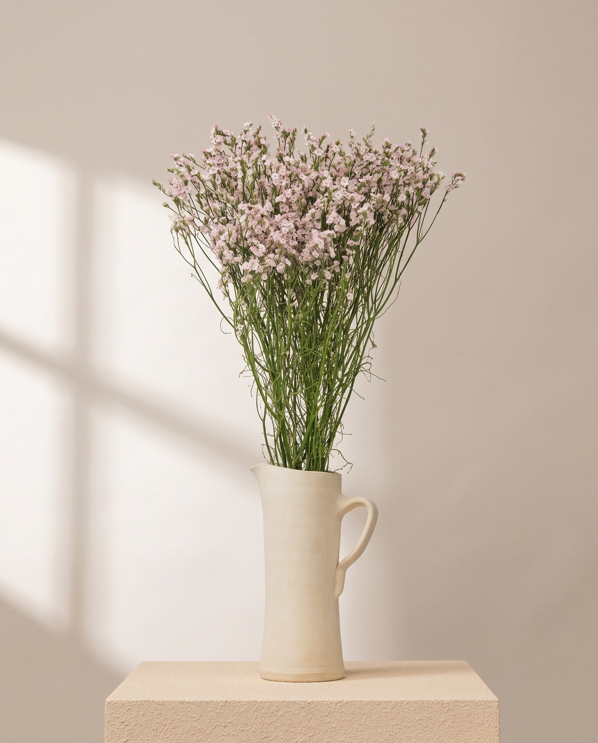 Limonium preservado rosa claro en una jarra de cerámica crema. Jarra no incluida.
