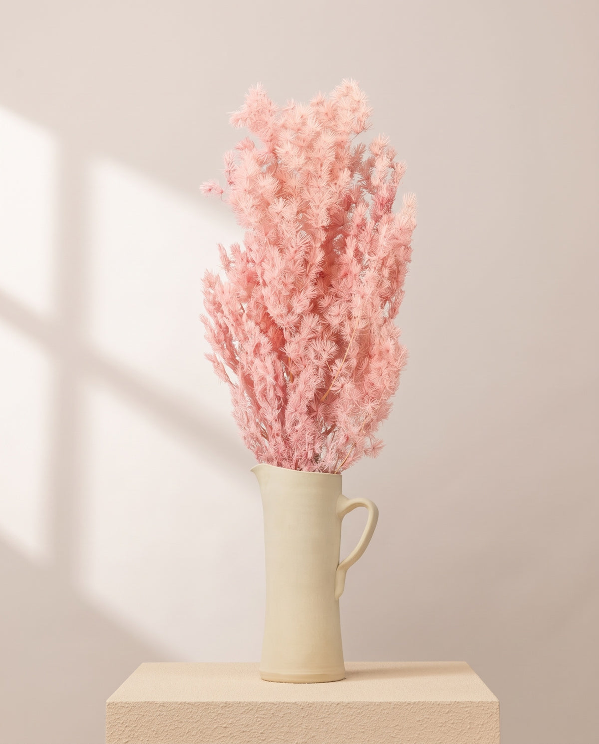 Miroclaudio preservado rosa claro en una jarra de cerámica crema, ambientado. Jarra no incluida.
