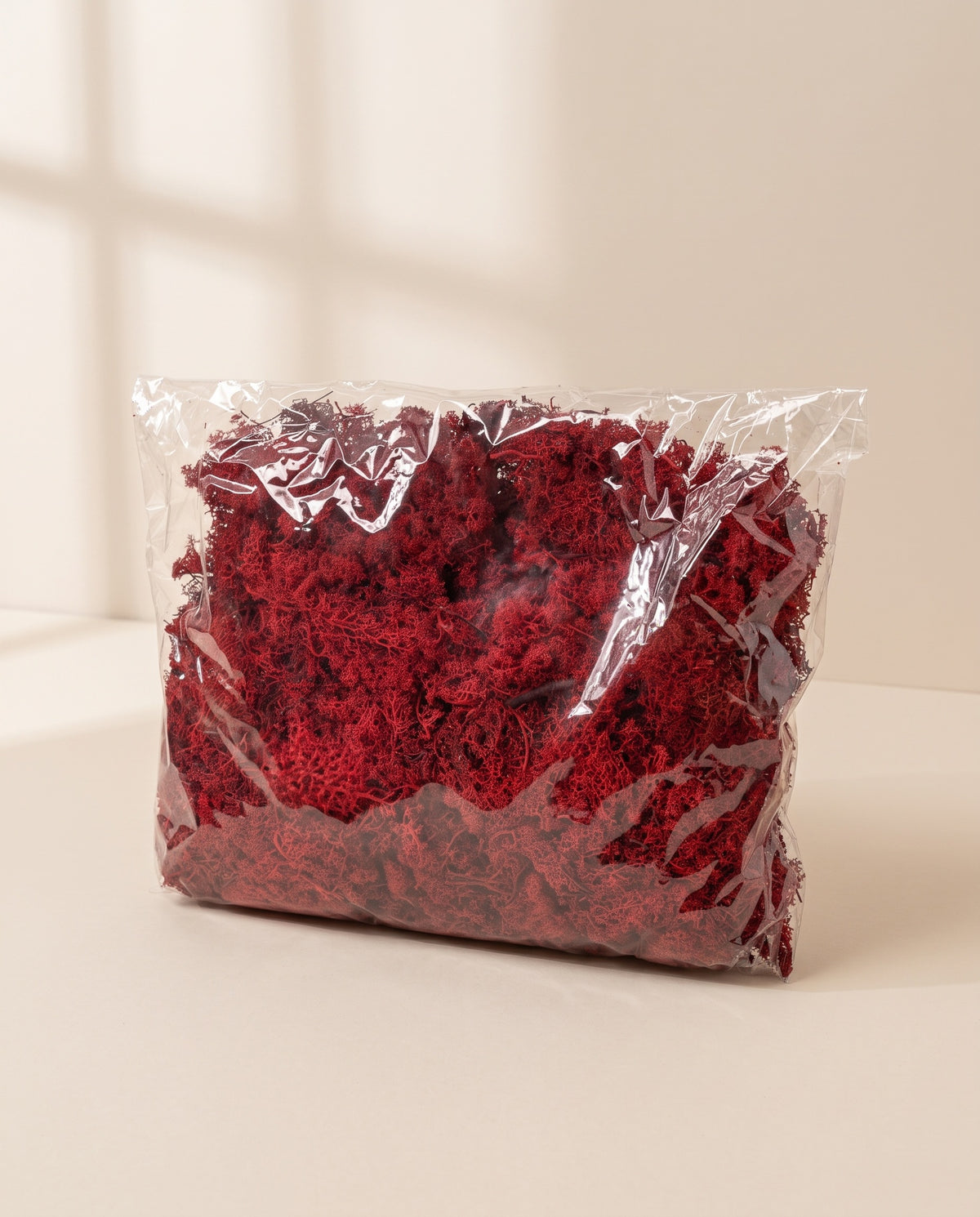 Bolsa de musgo finlandés preservado granate, tal como se entrega.