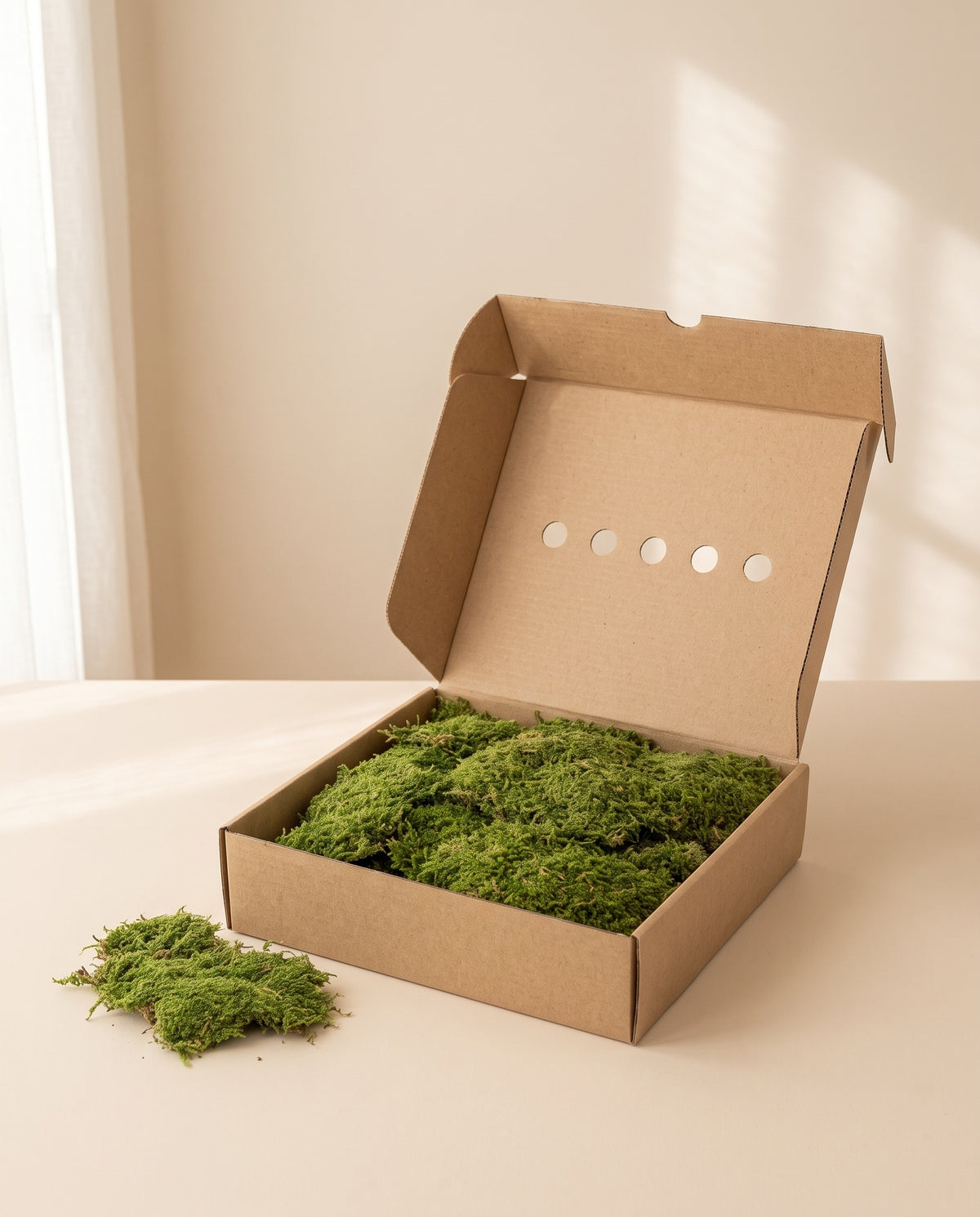 Caja de musgo Roca preservado verde, tal como se entrega.