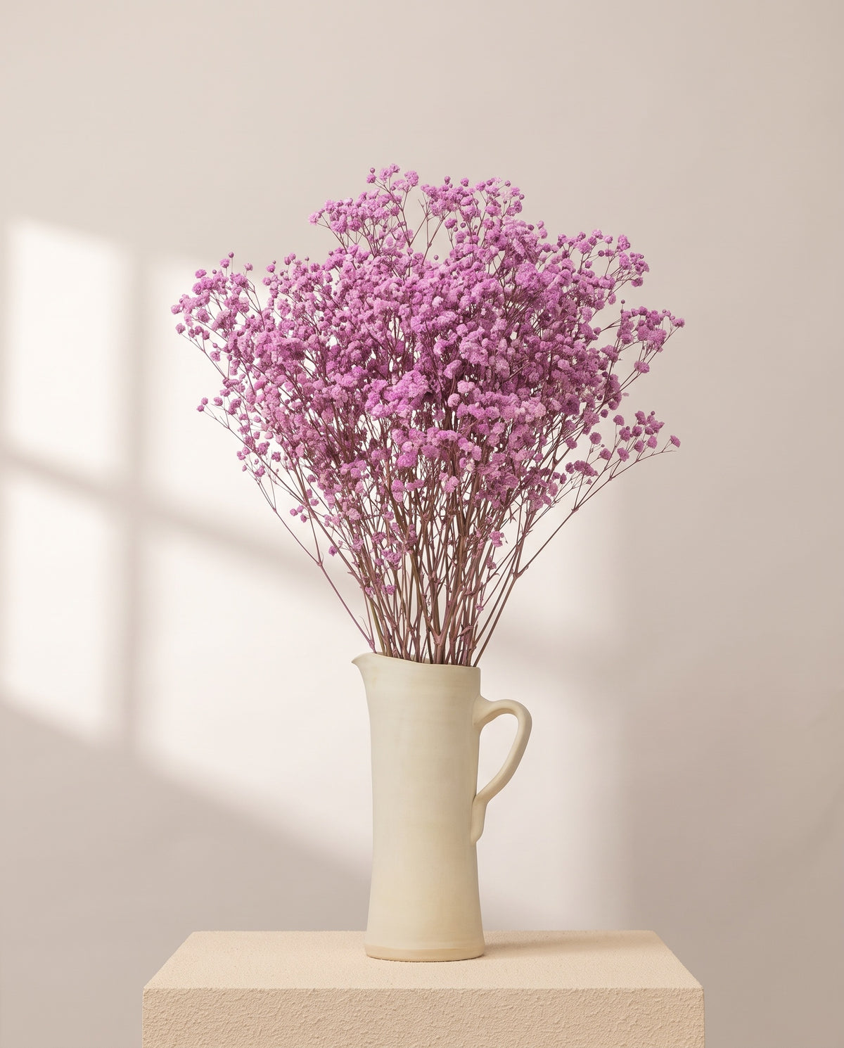 Paniculata preservada lavanda en una jarra de cerámica crema. Jarra no incluida.
