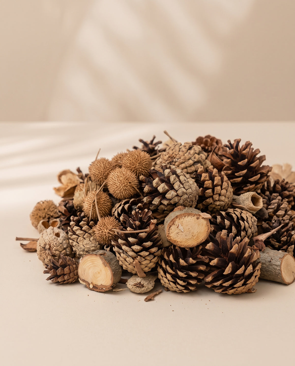 Pot-pourri seco de pinhas e frutos, um pequeno monte visto de cima.