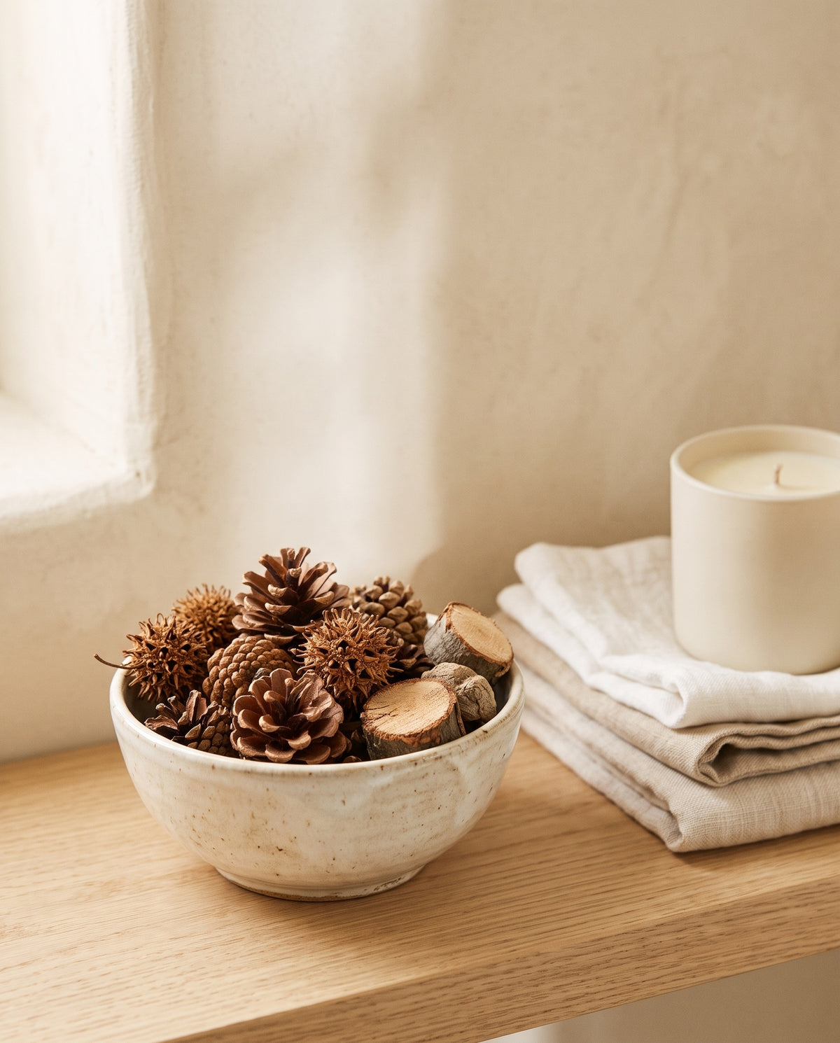 Ideia de utilização: pot-pourri seco de pinhas e frutos a decorar. Velas e acessórios não incluídos.