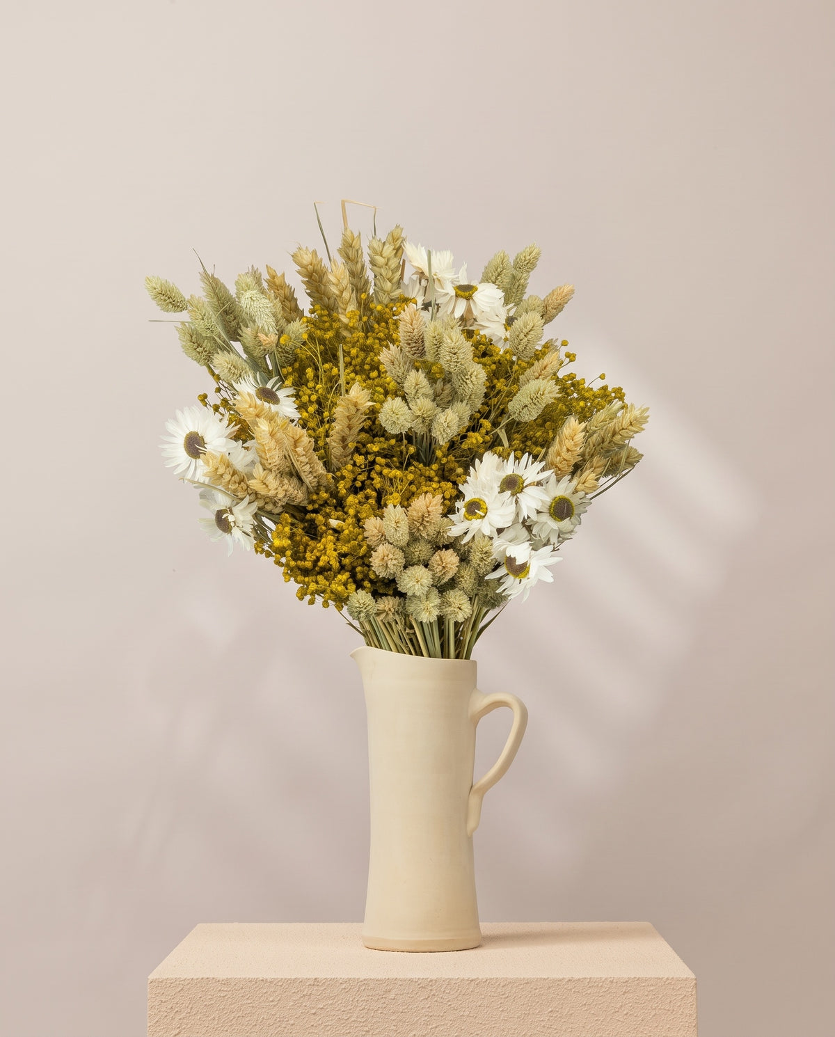Ramo de flores secas em tons naturais com phalaris numa jarra de cerâmica creme. Jarra não incluída.