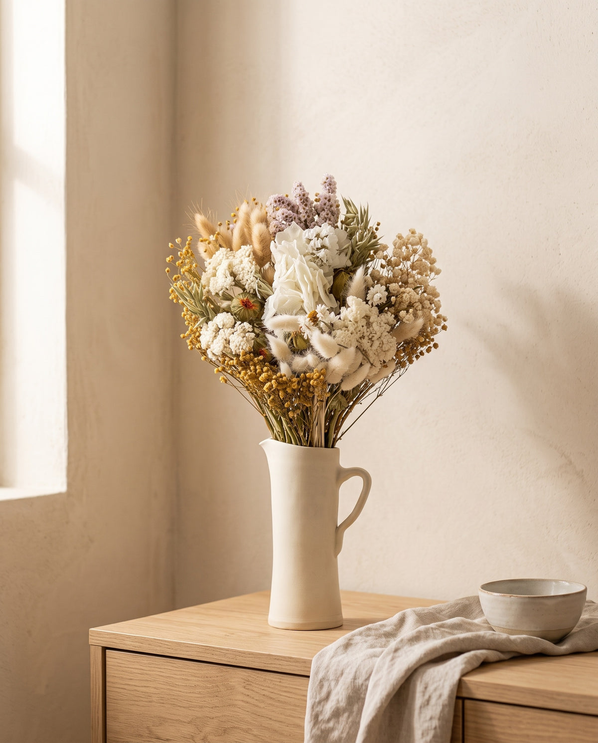 Ramo de flores secas y preservadas en blanco con lagurus en una jarra sobre un aparador, ambiente de casa. Jarra no incluida.