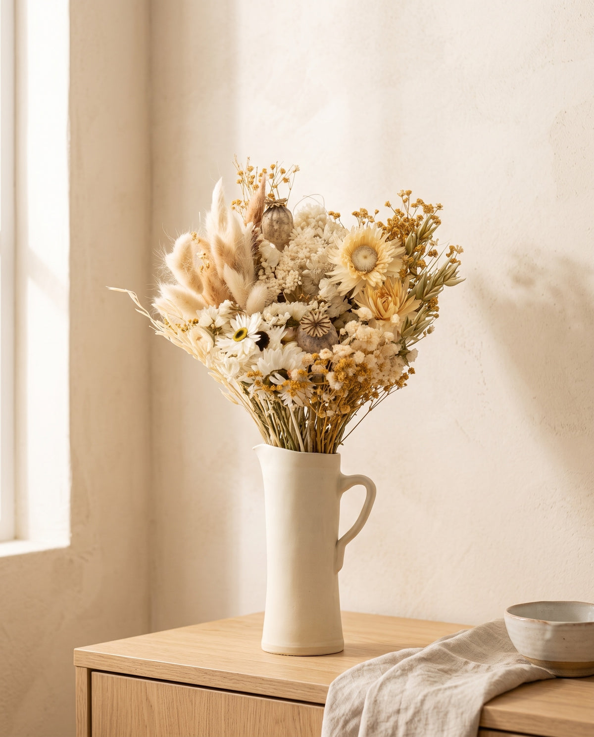 Ramo de flores secas e preservadas em branco com papaver numa jarra sobre um aparador, ambiente de casa. Jarra não incluída.
