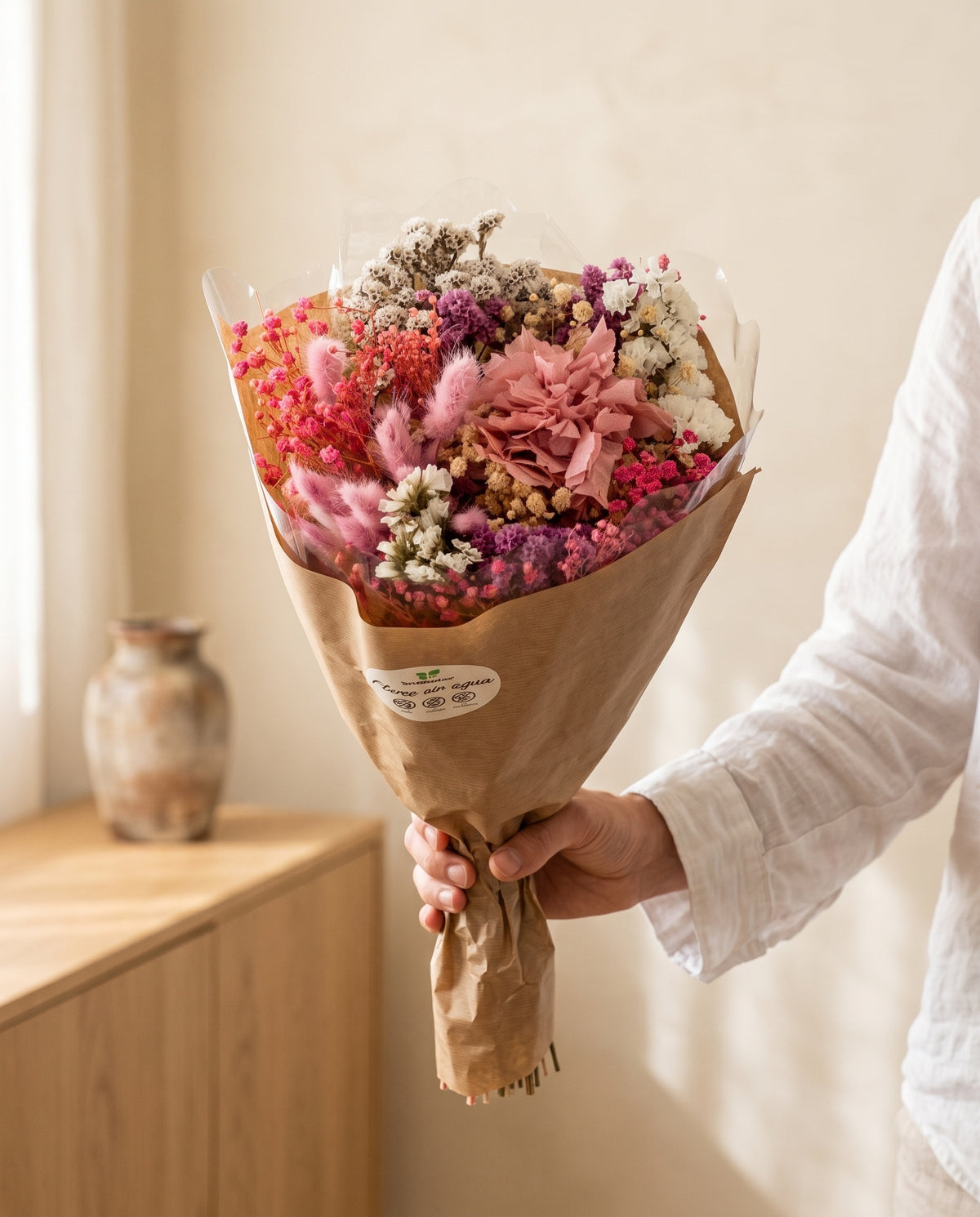 Mano sujetando el ramo de flores secas y preservadas en rosa con hortensia con su papel, como se entrega.