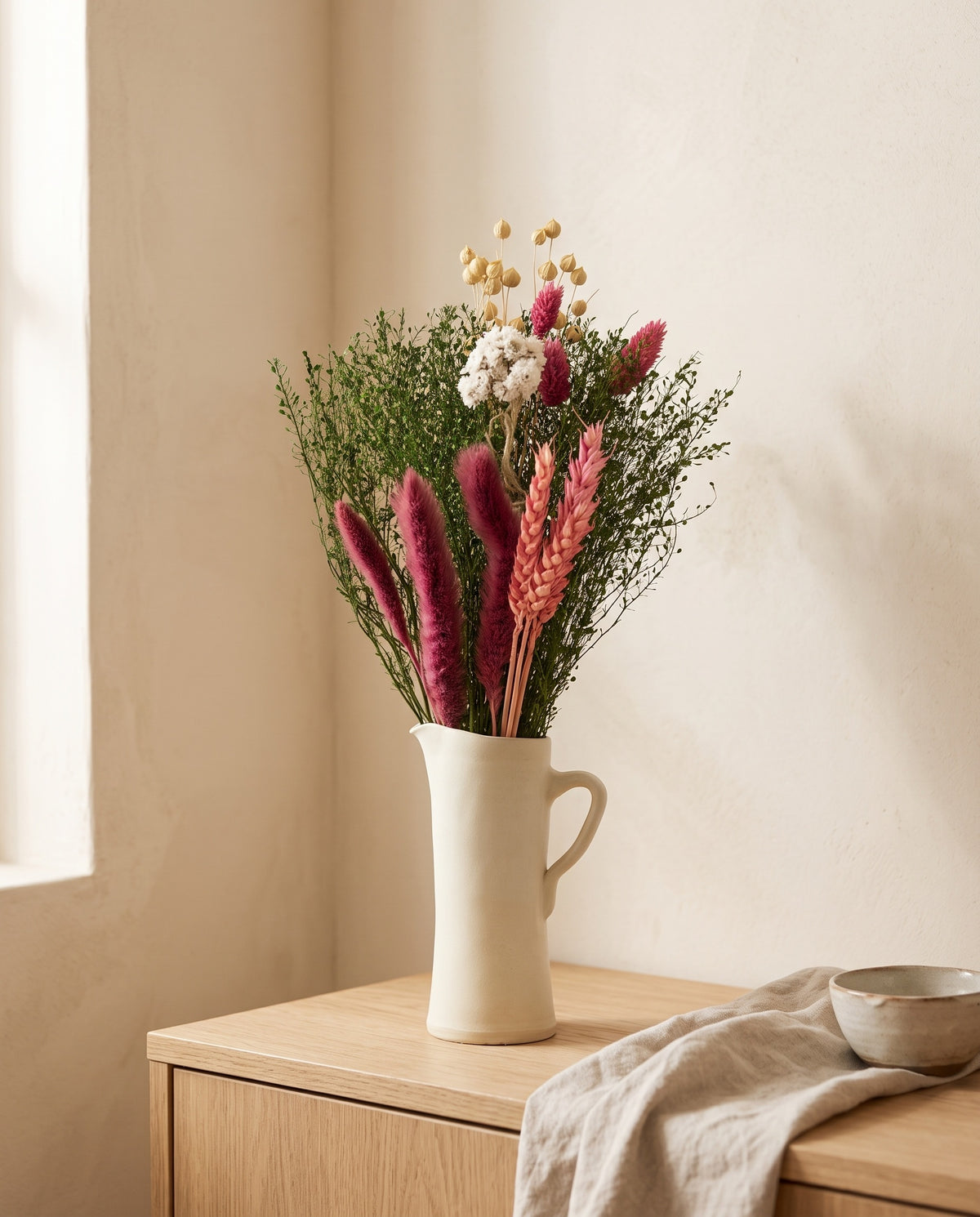 Ramo mini de flores secas cor-de-rosa numa jarra sobre um aparador, ambiente de casa. Jarra não incluída.