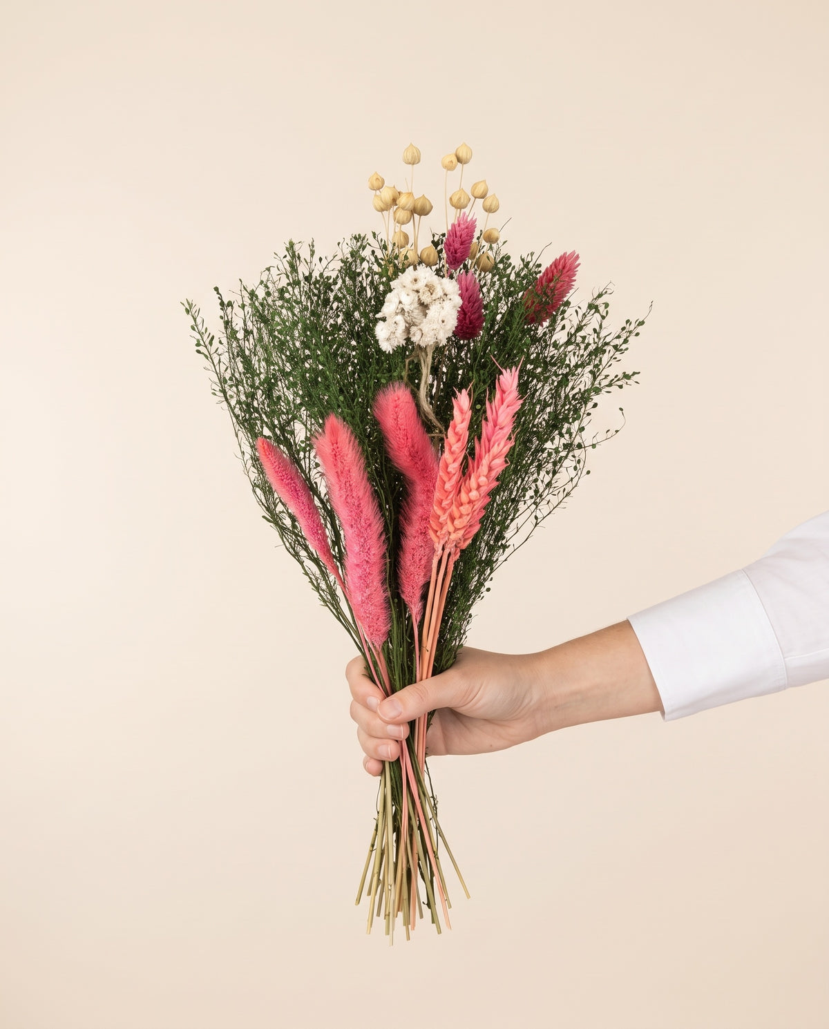 Mão a segurar o ramo mini de flores secas cor-de-rosa, para ver o tamanho.