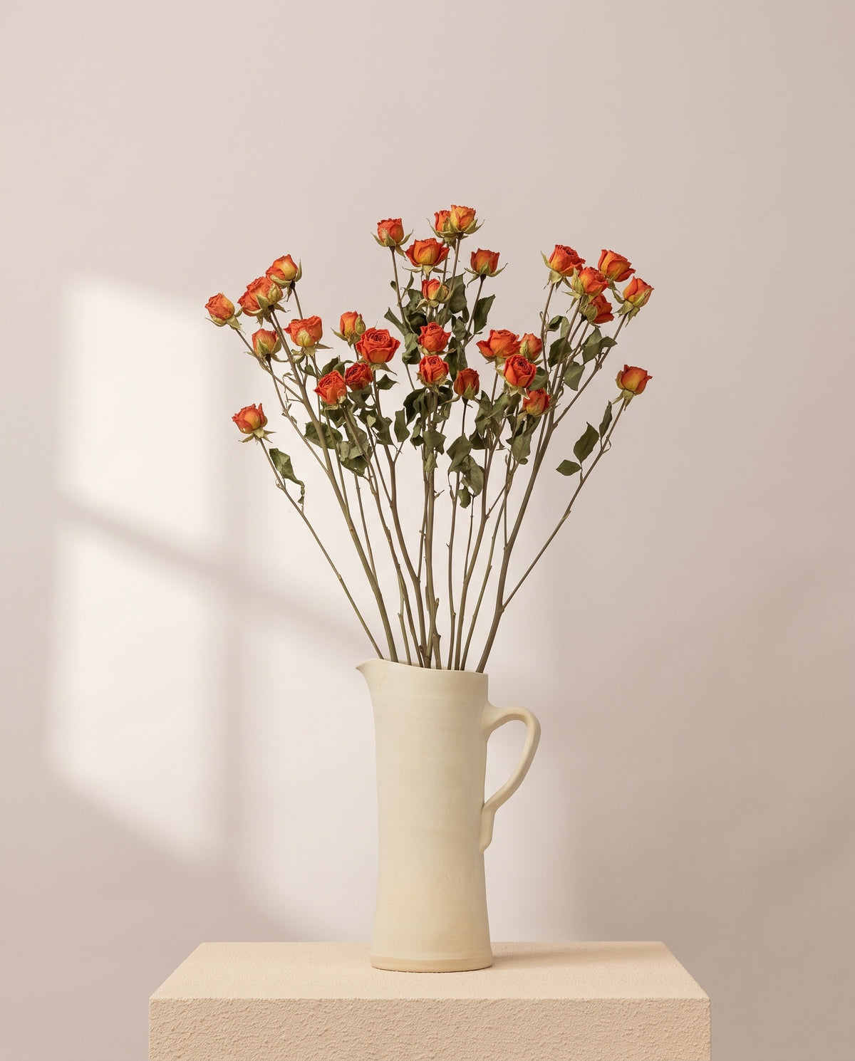 Rosa mini seca naranja en una jarra de cerámica crema. Jarra no incluida.