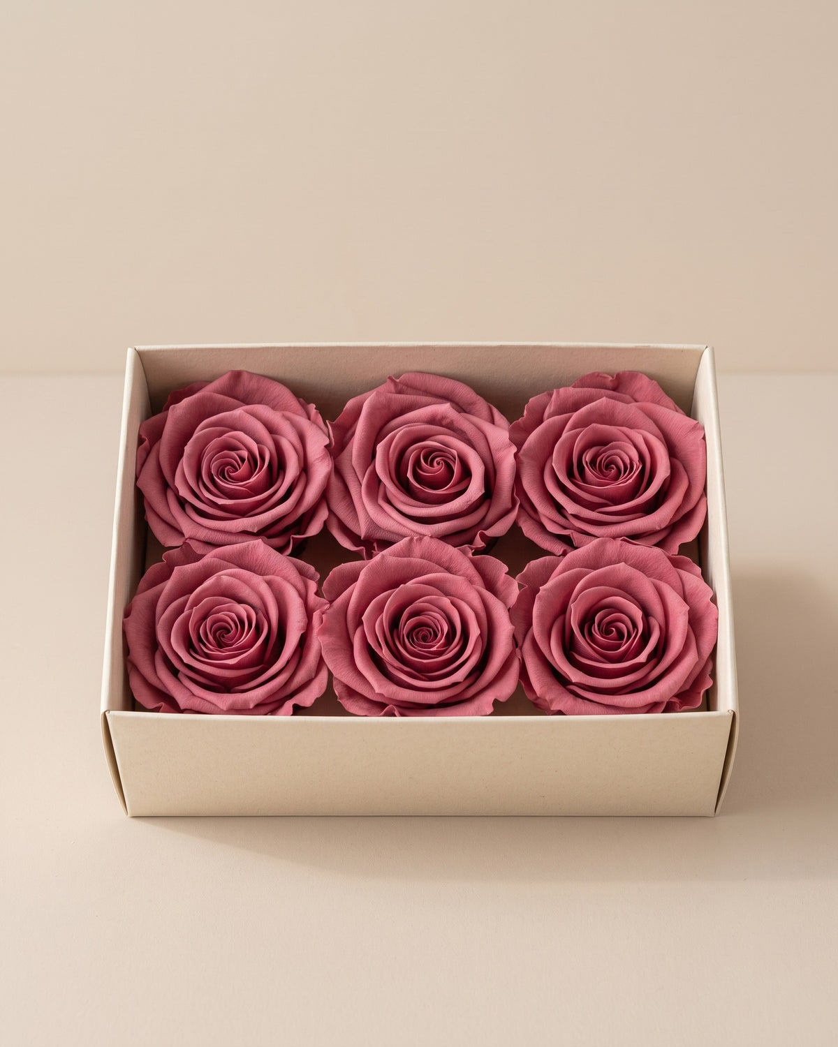 Cabezas de rosa preservada cereza (medianas) en una caja abierta