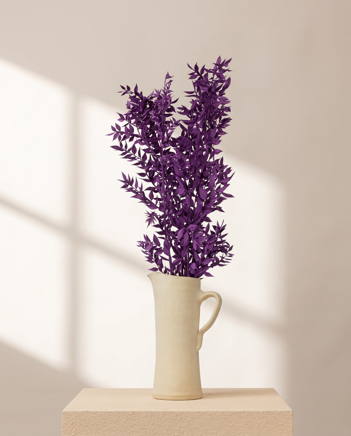 Ruscus seco morado en una jarra de cerámica crema. Jarra no incluida.